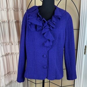 Mandal Bay Women's Blazer Jacket Purple 100% Wool Ruffle Collar Lined Size L VTG